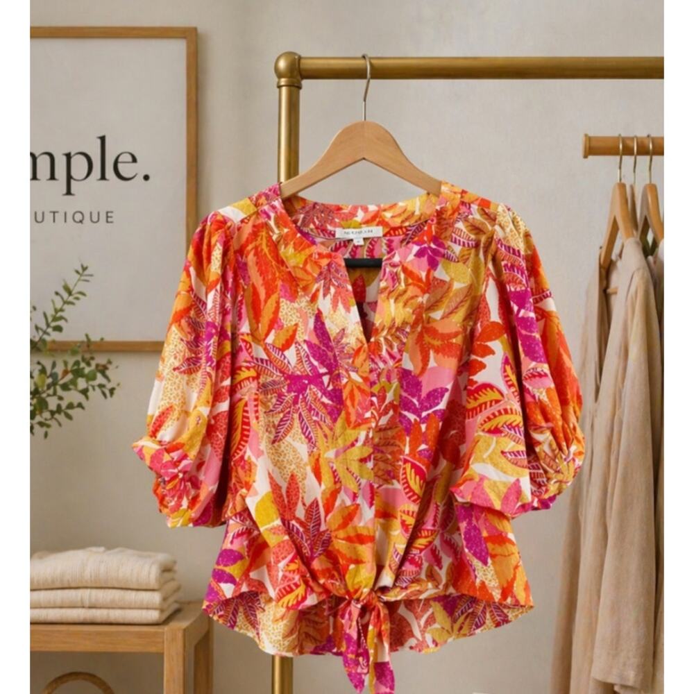 Rose + Olive Colorful Tropical Front Tie Top S